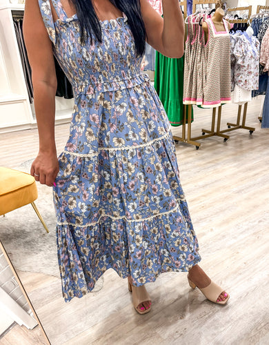 Grateful Road Ahead Denim Floral Midi Dress