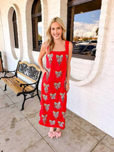 Load image into Gallery viewer, Queen Of Sparkles Red Multi Beaded Bow Ornament Cotton Midi Dress