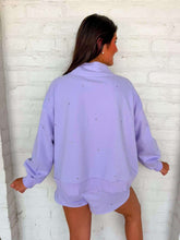 Load image into Gallery viewer, Queen Of Sparkles Lavender Scattered Jewel QOS Card Logo Mock Neck Sweatshirt