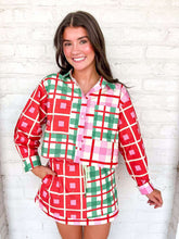 Load image into Gallery viewer, Queen Of Sparkles Red, Green, Ivory Plaid Button Up