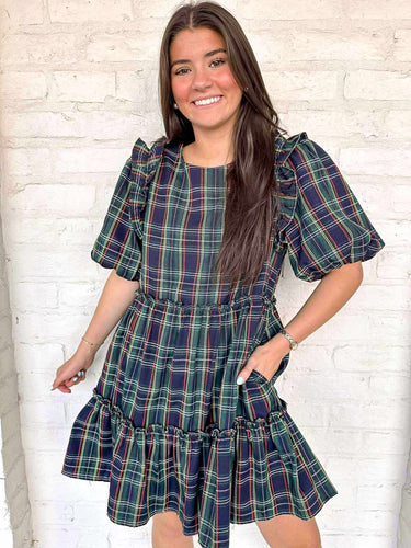Holiday Navy and Green Plaid Dress