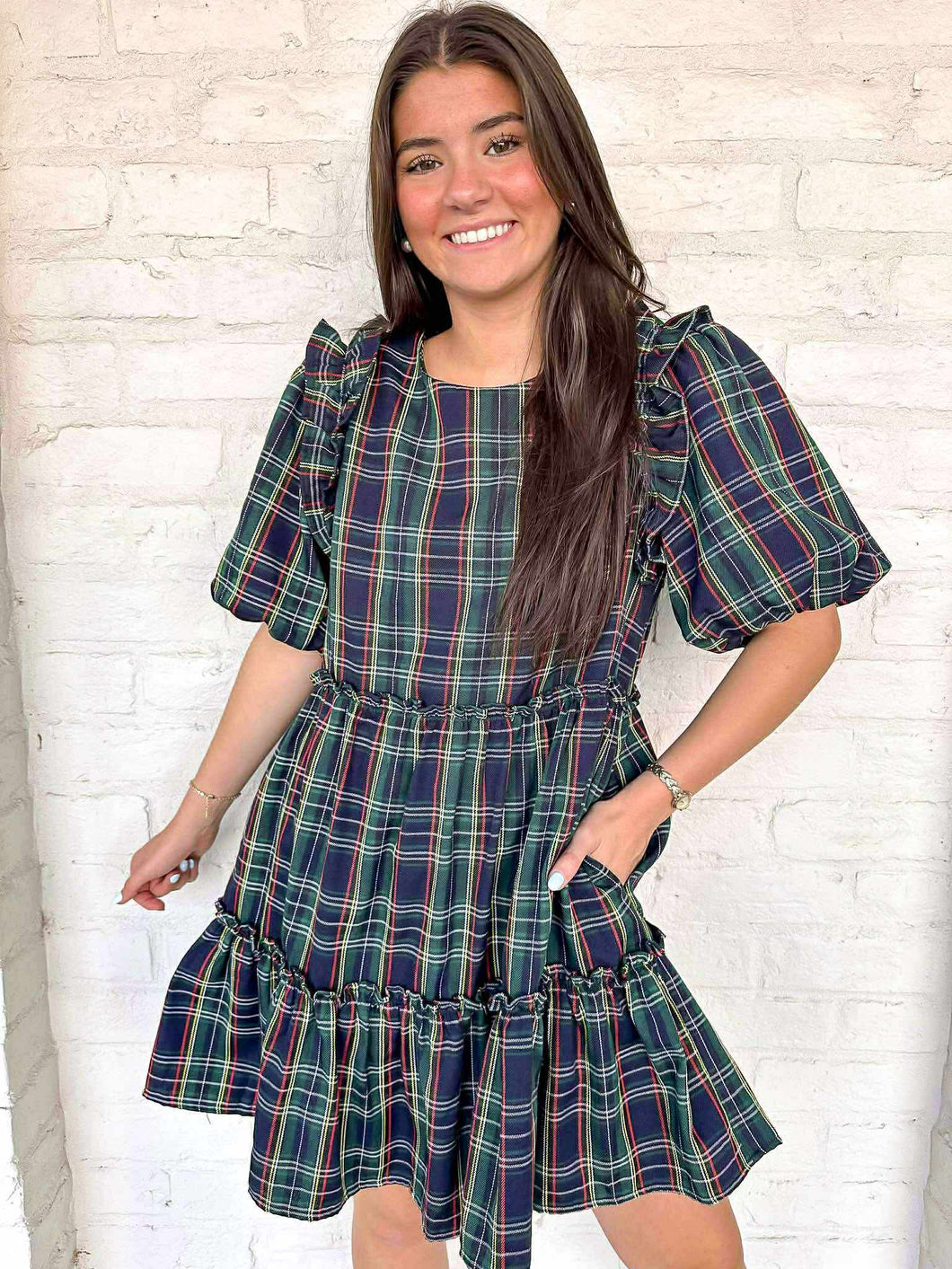 Holiday Navy and Green Plaid Dress