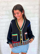 Load image into Gallery viewer, Queen Of Sparkles Black Rainbow Trim button up Cardigan