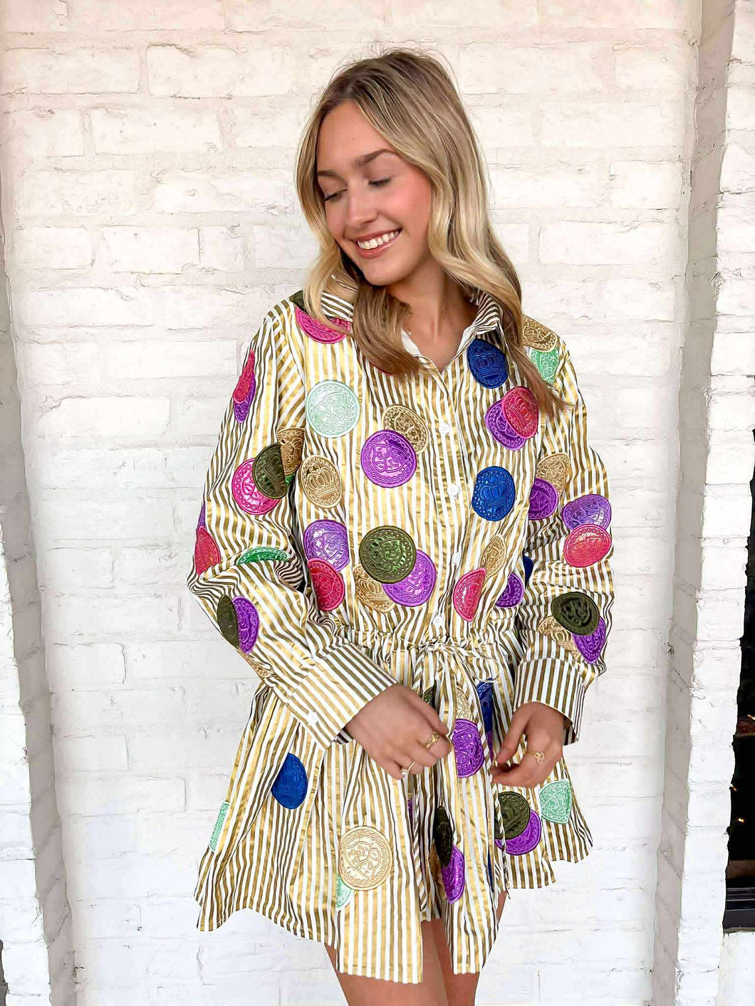 Queen Of Sparkles Gold & White Stripe Doubloon Tie Cotton Dress