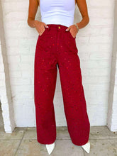 Load image into Gallery viewer, Queen Of Sparkles Maroon Wide Leg Rhinestone Jeans