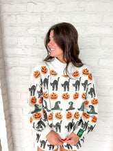 Load image into Gallery viewer, Queen Of Sparkles Light Gray Witch Hat, Pumpkin &amp; Cat Mock neck Sweatshirt