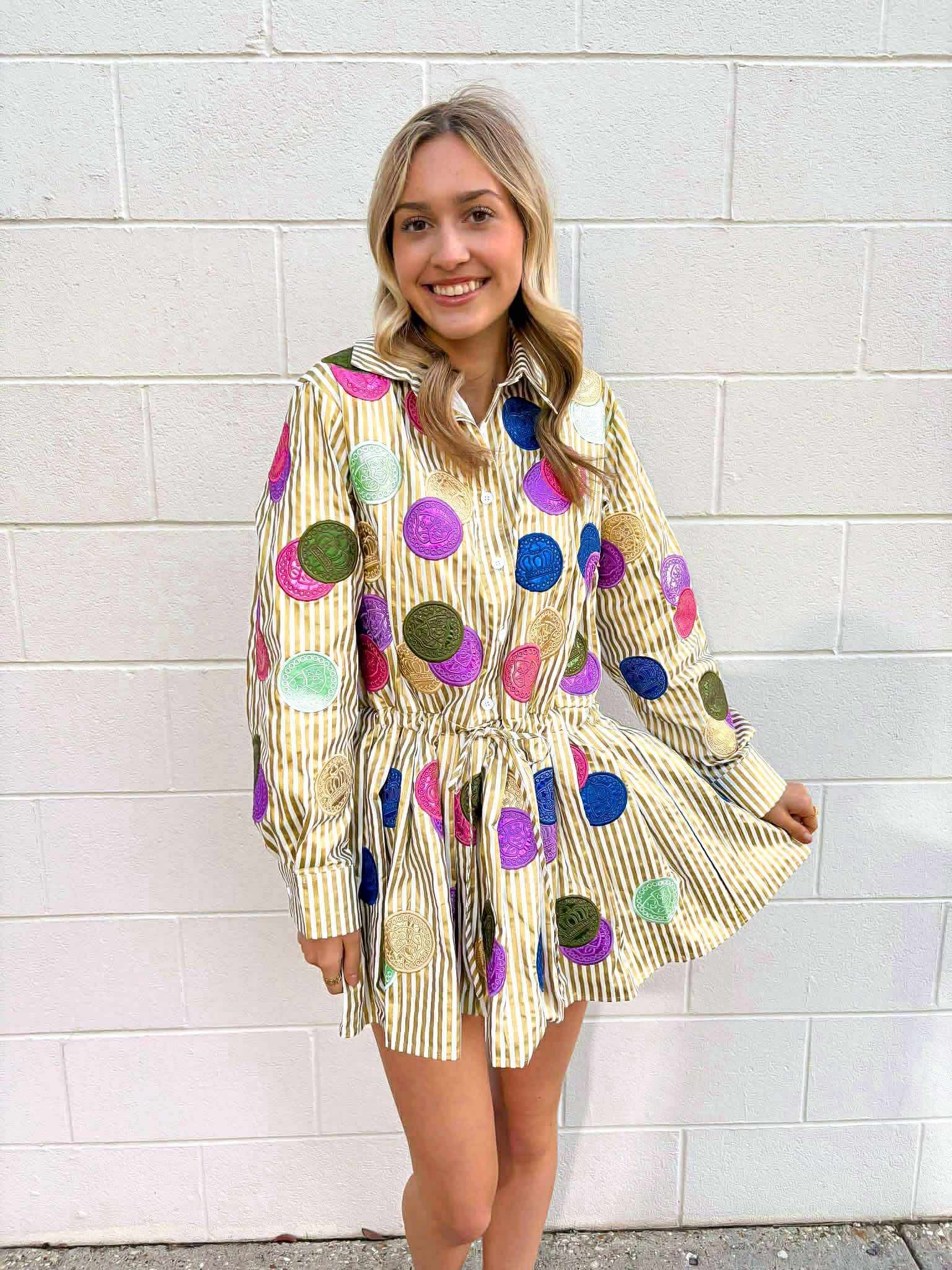 Queen Of Sparkles Gold & White Stripe Doubloon Tie Cotton Dress L Queen Of Sparkles Gold & White Stripe Doubloon Tie Cotton Dress L