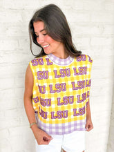 Load image into Gallery viewer, Queen Of Sparkles Licensed LSU Gingham Sequin Beaded Word Knit Tank