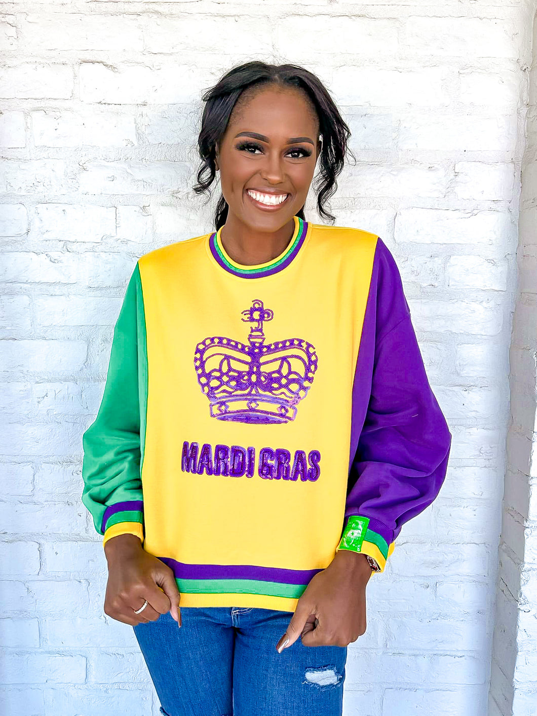 Queen Of Sparkles Mardi Gras Colorblock Crown Sweatshirt