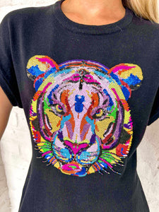 Queen Of Sparkles Black Rainbow Tiger Head Sweater Dress