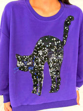 Load image into Gallery viewer, Queen Of Sparkles Purple &amp; Black Sequin Flower Cat Sweatshirt