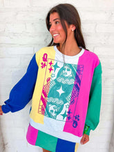 Load image into Gallery viewer, Queen Of Sparkles Multi Colorblock Stripe QOS Card Logo Sweatshirt