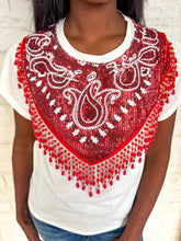 Load image into Gallery viewer, Queen Of Sparkles White and Red Sequin Bandana Fringe Tee