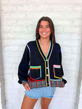 Load image into Gallery viewer, Queen Of Sparkles Black Rainbow Trim button up Cardigan