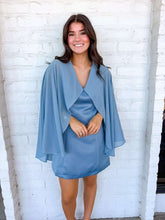 Load image into Gallery viewer, Wrap Me Up Blue Cape Satin Dress