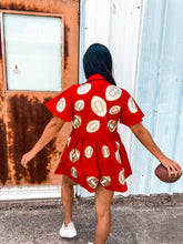 Load image into Gallery viewer, Queen Of Sparkles Red &amp; Gold Football Romper