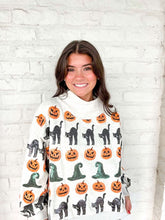 Load image into Gallery viewer, Queen Of Sparkles Light Gray Witch Hat, Pumpkin &amp; Cat Mock neck Sweatshirt