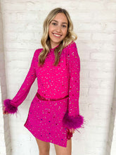 Load image into Gallery viewer, Queen Of Sparkles Pink Feather Multi Rhinestone Sequin Romper