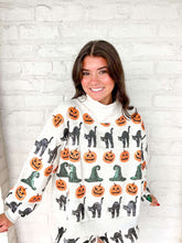 Load image into Gallery viewer, Queen Of Sparkles Light Gray Witch Hat, Pumpkin &amp; Cat Mock neck Sweatshirt