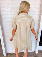 Load image into Gallery viewer, Taupe Stripe Puff Sleeve Shirt Mini Dress
