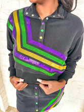 Load image into Gallery viewer, Queen Of Sparkles Black Mardi Gras Diagonal Henley Sweatshirt