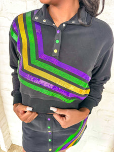 Queen Of Sparkles Black Mardi Gras Diagonal Henley Sweatshirt