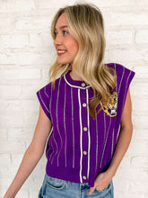 Load image into Gallery viewer, Queen Of Sparkles Purple LSU Striped Mascot Button Down Vest