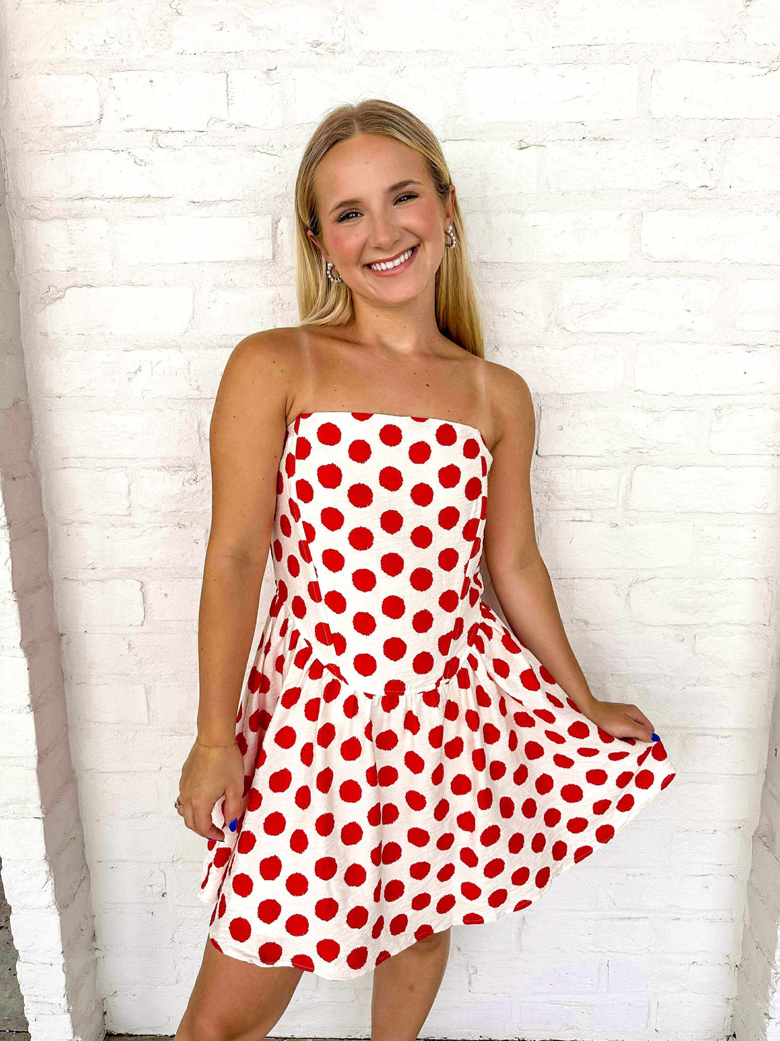 red polka dot strapless dress Polka Dot Romeo Strapless Dress