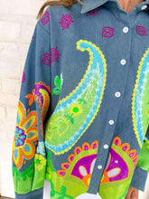 Load image into Gallery viewer, Queen Of Sparkles Denim &amp; Neon Paisley Print Button Up Long Sleeve