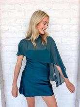 Load image into Gallery viewer, Bias Opinion Hunter Green Sheer Cape Dress