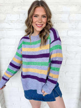 Load image into Gallery viewer, Mardi Gras Color Stripe Round Neck Purple Sweater Top