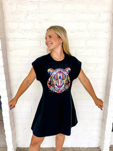 Queen Of Sparkles Black Rainbow Tiger Head Sweater Dress