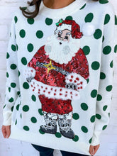 Load image into Gallery viewer, Queen Of Sparkles White &amp; Green Polka Dot Sequin Santa Sweater
