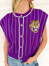 Load image into Gallery viewer, Queen Of Sparkles Purple LSU Striped Mascot Button Down Vest