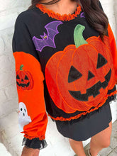 Load image into Gallery viewer, Queen Of Sparkles Multi Ruffle Lace Trim Pumpkin &amp; Bat Sweatshirt