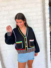 Load image into Gallery viewer, Queen Of Sparkles Black Rainbow Trim button up Cardigan