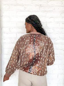 Queen Of Sparkles Brown Deer Sweatshirt with sequin brown, tan and black pattern