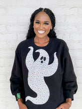 Load image into Gallery viewer, Queen Of Sparkles Black And White Flower Sequin Ghost Sweatshirt with small beaded flowers on an oversized ghost