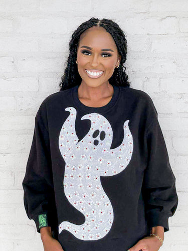 Queen Of Sparkles Black And White Flower Sequin Ghost Sweatshirt with small beaded flowers on an oversized ghost