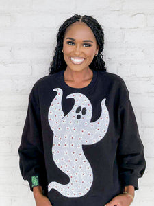 Queen Of Sparkles Black And White Flower Sequin Ghost Sweatshirt with small beaded flowers on an oversized ghost