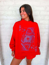 Load image into Gallery viewer, Queen Of Sparkles Red &amp; Light Blue Scattered Jewel Card Sweatshirt
