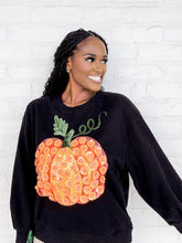 Load image into Gallery viewer, Queen Of Sparkles Black And Orange Pumpkin Flower Sweatshirt with oversized pumpkin on front with small beaded flowers
