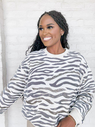 Queen Of Sparkles Cream & Black Zebra Sweatshirt with full sequin beading and crew neck