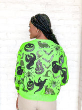 Load image into Gallery viewer, Queen Of Sparkles Green and Black Icon Sweatshirt with sequin witches hat, bats, ghosts and pumpkins