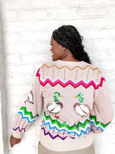 Load image into Gallery viewer, Queen Of Sparkles Multi Zig Zag Duck Cardigan light beige pink with colorful geometric stripes and sequin mallard ducks