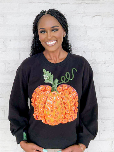 Queen Of Sparkles Black And Orange Pumpkin Flower Sweatshirt with oversized pumpkin on front with small beaded flowers