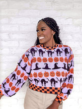 Load image into Gallery viewer, Queen Of Sparkles Checker Trim Icon Sweater with sequin black cats, pumpkins and witches hat