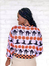 Load image into Gallery viewer, Queen Of Sparkles Checker Trim Icon Sweater with sequin black cats, pumpkins and witches hat