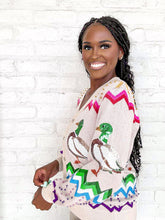Load image into Gallery viewer, Queen Of Sparkles Multi Zig Zag Duck Cardigan light beige pink with colorful geometric stripes and sequin mallard ducks
