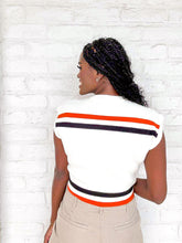 Load image into Gallery viewer, Queen Of Sparkles Trick Or Treat White Sweater Top Halloween sparkly ghosts with orange and black stripes